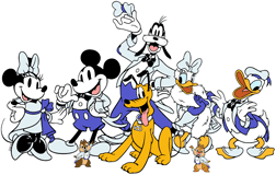 Mickey and Minnie Mouse, Goofy, Donald and Daisy Duck and Pluto group photo