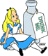 Shrunk Alice sitting down by drink me bottle