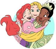 Ariel, Rapunzel and Tiana hugging