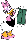 Daisy Duck holding up her mended pair of pants