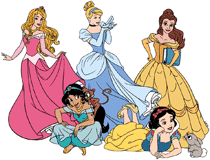 Aurora, Cinderella, Jasmine, Belle and Snow White
