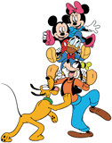 Mickey Mouse and friends standing on Goofy's shoulders