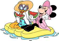 Minnie Mouse & Daisy Duck eating watermelon on a pool float