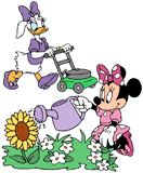 Minnie Mouse watering her flower garden while Daisy Duck mows the lawn