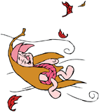 Piglet carried away in a leaf by the wind