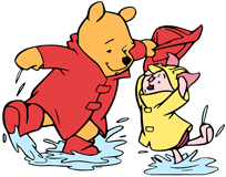 Piglet & Winnie the Pooh playing in rain puddles