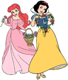 Disney Princesses Ariel and Snow White holding flowers