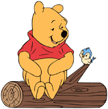 Winnie the Pooh sitting on a log with a bluebird