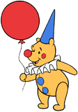 Winnie the Pooh dressed as a clown with a balloon