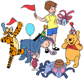 Piglet, Tigger, Eeyore and Christopher celebrating Winnie the Pooh's birthday with balloons, party hats and presents