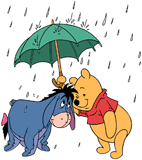 Winnie the Pooh sheltering Eeyore from the rain with his umbrella