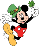 Mickey Mouse clicking his heels, holding a four-leaf clover, wearing a hat