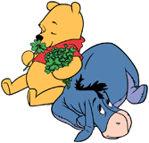Winnie the Pooh with an armful of clover relaxing with Eeyore