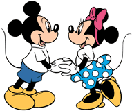 Mickey and Minnie Mouse looking into each other's eyes holding hands