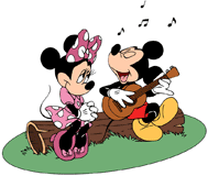 Mickey Mouse serenading Minnie on a hollow tree trunk