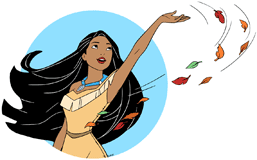 Pocahontas raising an arm among leaves caught in the wind