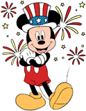 Mickey Mouse with fireworks in the background