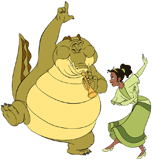 Tiana dancing while Louis plays the trumpet
