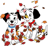 101 Dalmatians puppies sitting among falling leaves